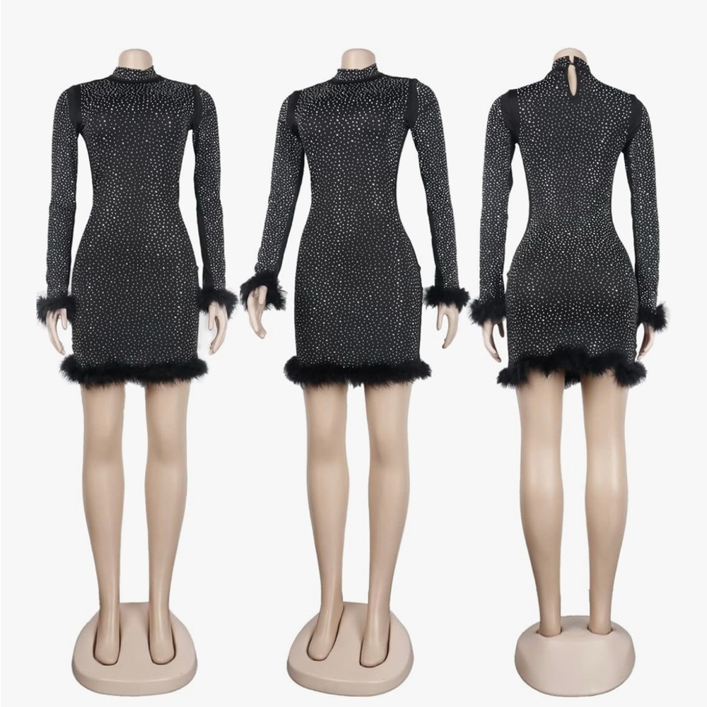 Fun Black Glitter Dress with Feather Accents! - Picture 2 of 4